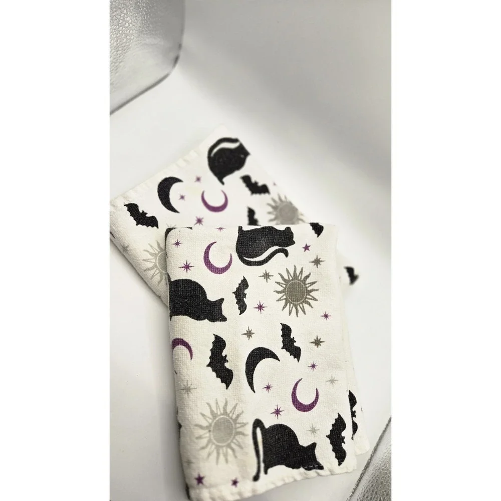 Halloween Cat Moon Stars Bat Towels Set 2 Gothic Witchy Kitchen Decor